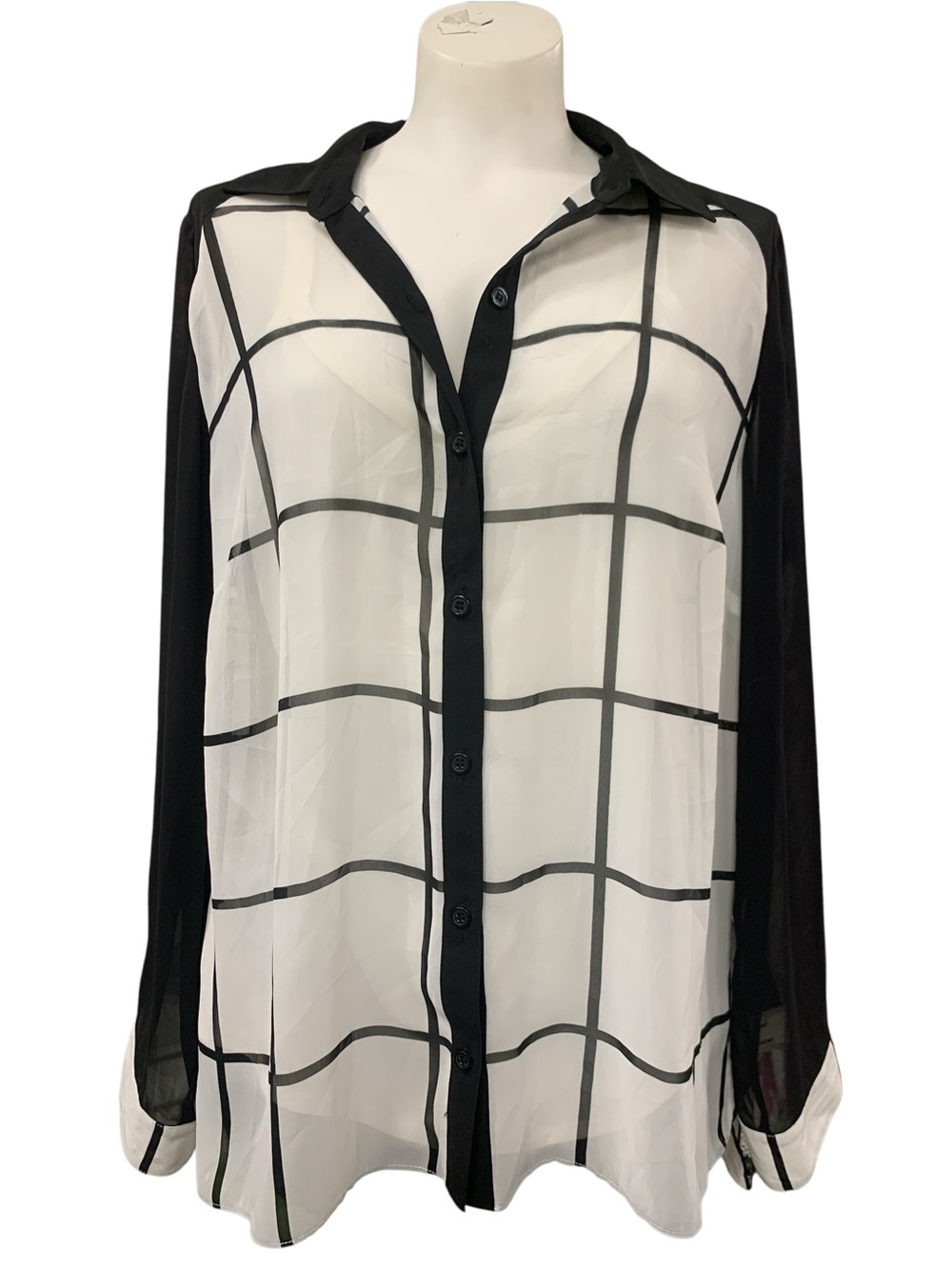 ABG Black & White Windowpane Button-Up Blouse Size XL